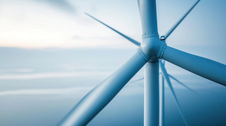 A close up of a wind turbines in a row with the sky in background, AIの素材