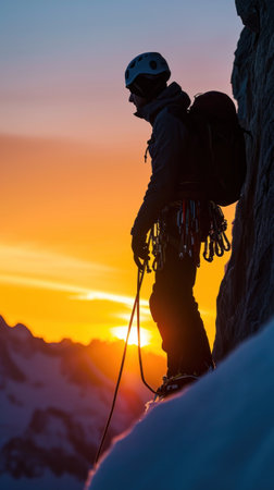 A man in climbing gear standing on a cliff at sunset, AIの素材