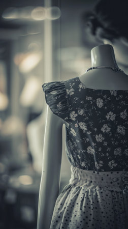 A mannequin wearing a dress and necklace in the back of an empty room, AIの素材