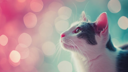 A cat looking up at the sky with colorful lights in background, AIの素材