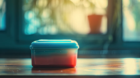 A small container sitting on a table in front of some windows, AIの素材