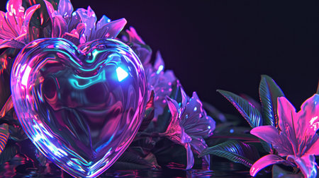 A heart shaped glass object is surrounded by flowers, AIの素材