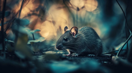 A small mouse is sitting on the ground in a forest, AIの素材