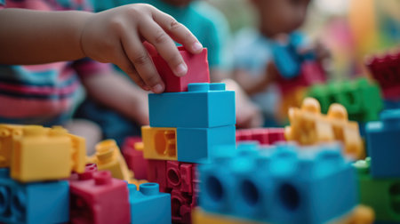 A close up of a child playing with colorful construction blocks, AIの素材