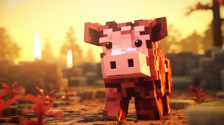 A small pixelated pig standing in a field of rocks, AIの素材