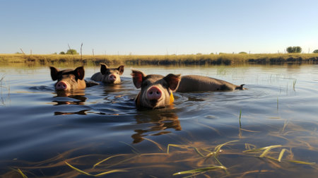 Three pigs swimming in a lake with their heads sticking out, AIの素材