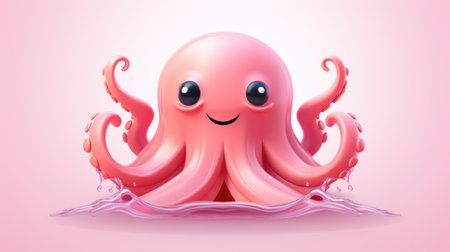A pink octopus with a smile on its face in the water, AIの素材