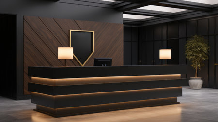 A modern reception desk with two lamps and a mirror, AIの素材