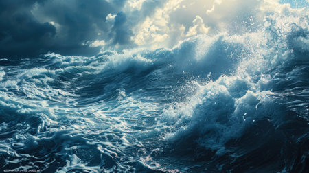 A large wave crashing on the ocean with a bright sun in the background, AIの素材