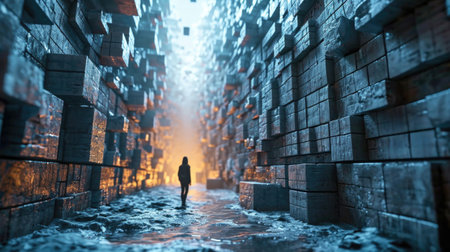 A person standing in a dark alleyway surrounded by boxes, AIの素材