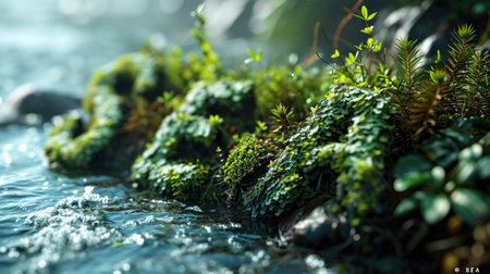 A close up of a small stream with some plants growing on it, AIの素材