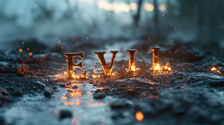 A word spelled with lights on a muddy field, AIの素材