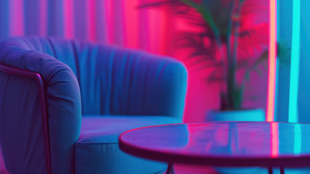A chair and table in a room with neon lights, AIの素材