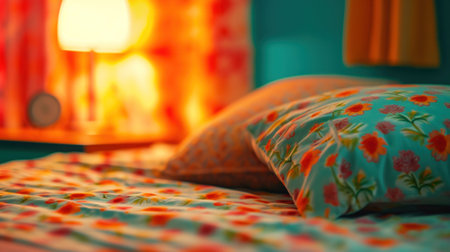 A bed with a colorful floral pattern on the comforter, AIの素材