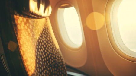 A view of a seat on an airplane with the sun shining through, AIの素材