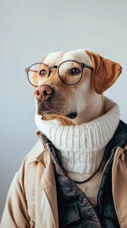 A dog wearing glasses and a coat with his head turned, AIの素材