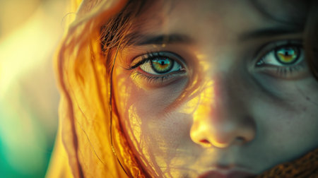 A close up of a young girl with green eyes and yellow scarf, AIの素材