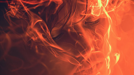 A close up of a womans face covered in flames, AIの素材