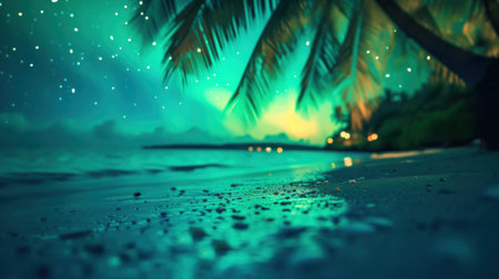 A beach with a palm tree and some stars in the sky, AIの素材