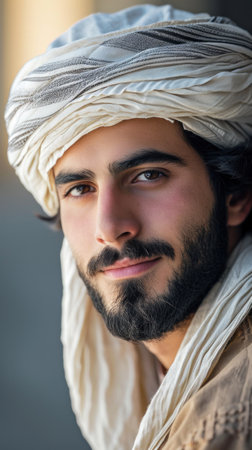 A man with a beard and turban looking at the camera, AIの素材