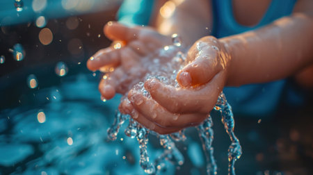 A child is washing their hands with water from a faucet, AIの素材