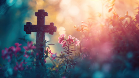 A cross in the middle of a field with flowers, AIの素材