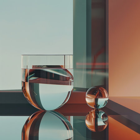 A glass of a clear liquid sitting next to two spheres, AIの素材