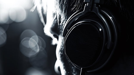 A close up of a man wearing headphones in the dark, AIの素材