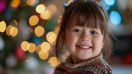 A little girl smiling in front of a christmas tree, AIの素材