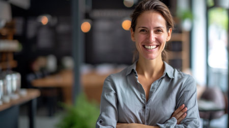 A woman smiling while standing in a restaurant with her arms crossed, AIの素材