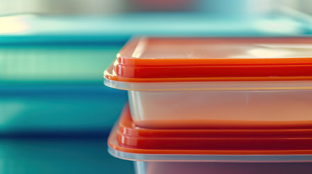 A close up of three plastic containers sitting on a table, AIの素材