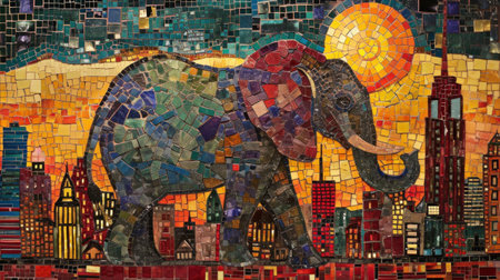 A mosaic of a colorful elephant is shown in the city, AIの素材
