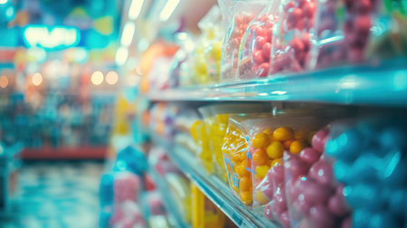 A store shelves filled with candy and other items in a grocery, AIの素材