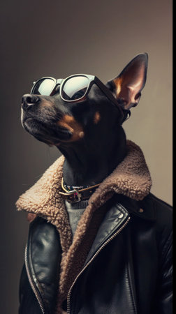 A dog wearing sunglasses and a leather jacket with fur, AIの素材