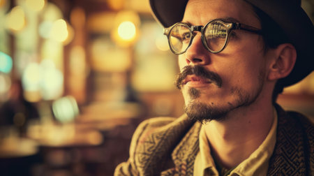 A man with glasses and a hat sitting in front of some tables, AIの素材