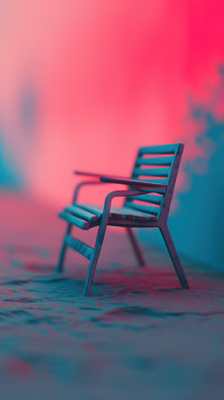 A small wooden bench sitting on a sandy beach with pink and purple colors, AIの素材