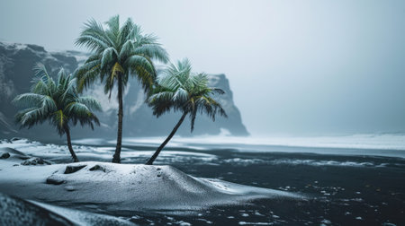 Three palm trees on a beach covered in snow next to the ocean, AIの素材