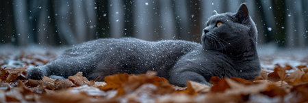 A cat laying on the ground in a field of leaves, AIの素材