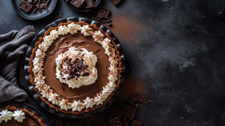 A pie with chocolate and whipped cream on top of a table, AIの素材