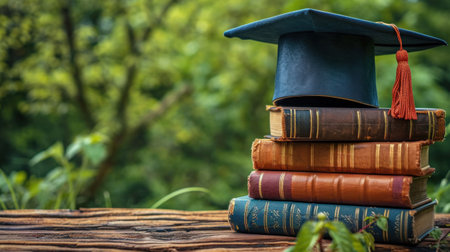 A stack of books with a graduation cap on top, AIの素材