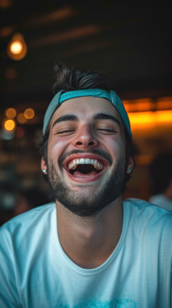 A man with a headband on smiling while holding his mouth open, AIの素材