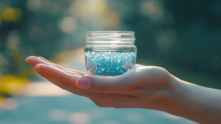 A person holding a jar of blue glitter in their hand, AIの素材