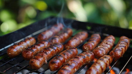 A grill with many hot dogs on it cooking in the sun, AIの素材