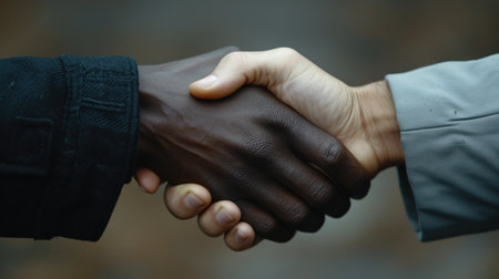 Two men shaking hands in a dark room with some light coming through, AIの素材