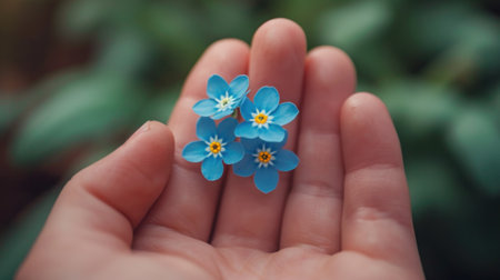 A person holding a small blue flower in their hand, AIの素材