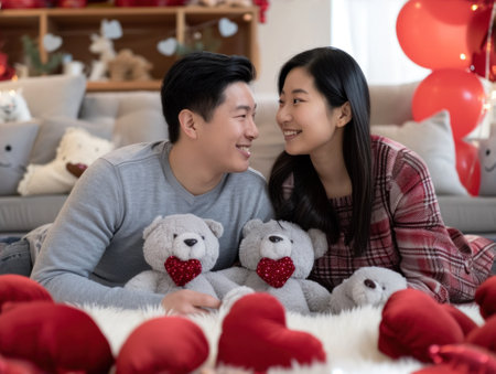 A man and woman laying on the floor with teddy bears, AIの素材