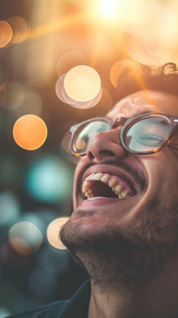 A man with glasses and a smile looking up at the camera, AIの素材