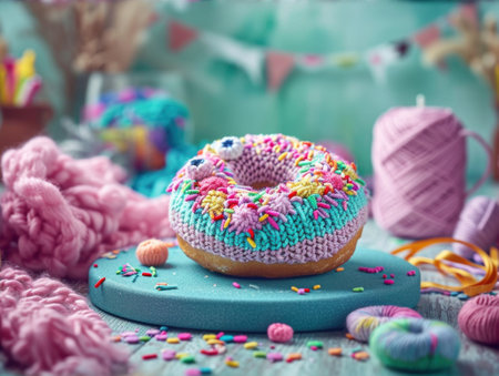 A doughnut is sitting on a blue plate with yarn and knitting needles, AIの素材
