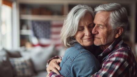 An older man and woman embrace in a living room, AIの素材