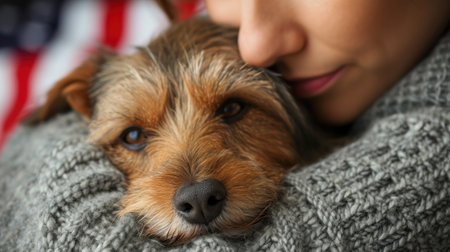 A woman hugging a dog while laying on top of it, AIの素材